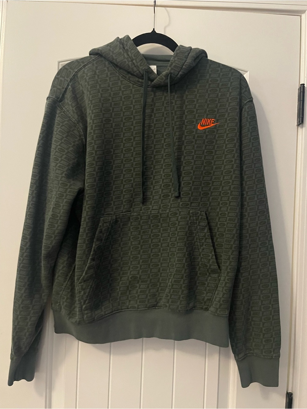 Nike Olive Green Hoodie with Orange Swoosh Logo